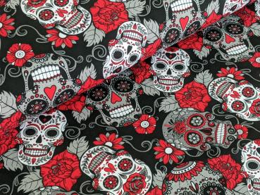 Baumwolljersey Mexikanische Totenköpfe mit Blumen Rot/Schwarz